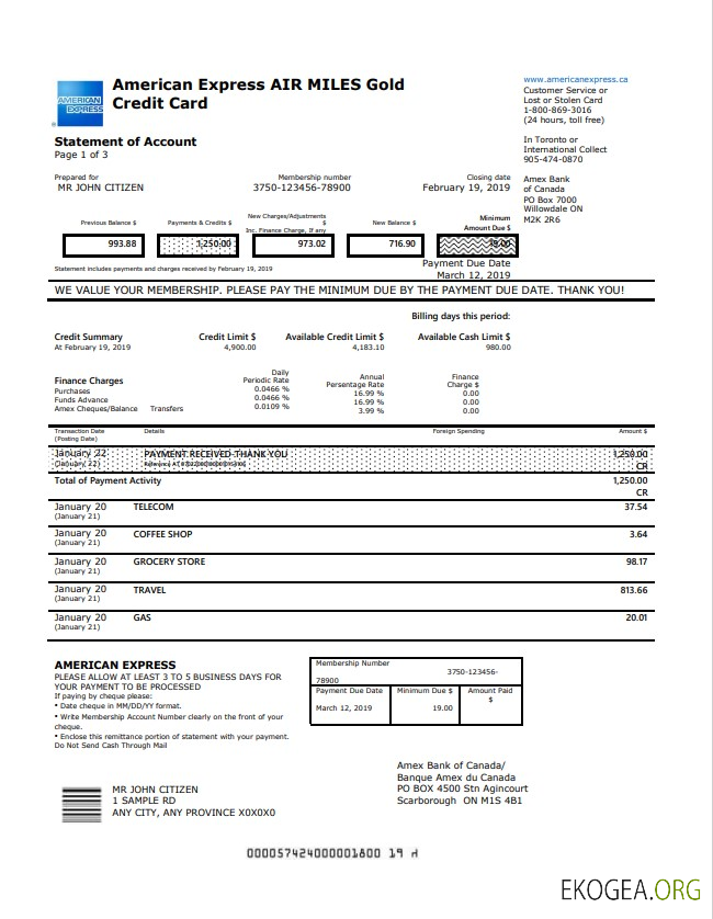 Relevé de compte de carte de crédit Canada American Express Air Miles Gold